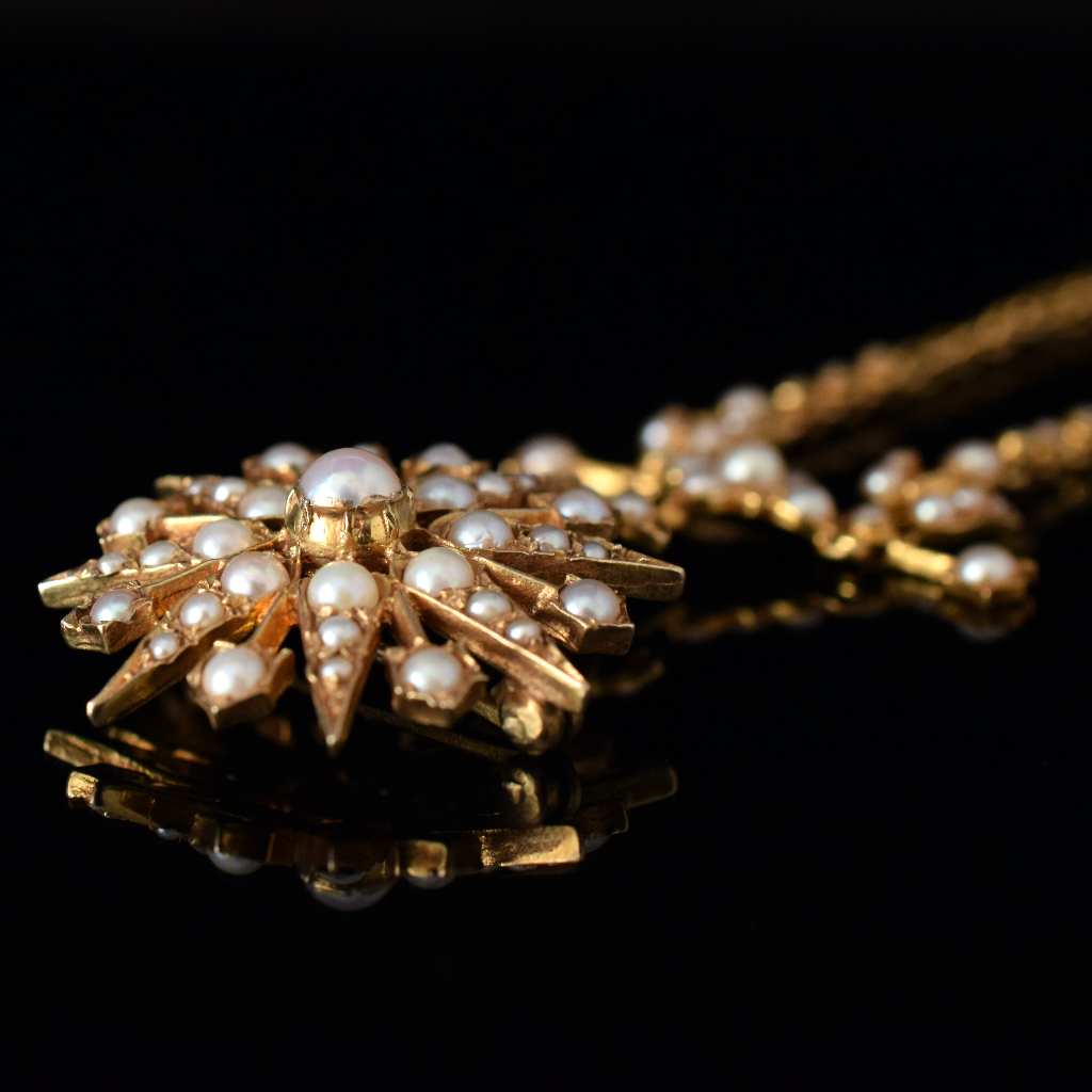 Superb Antique Edwardian 9ct Yellow Gold Pearl Celestial Starburst Necklace - London 1912