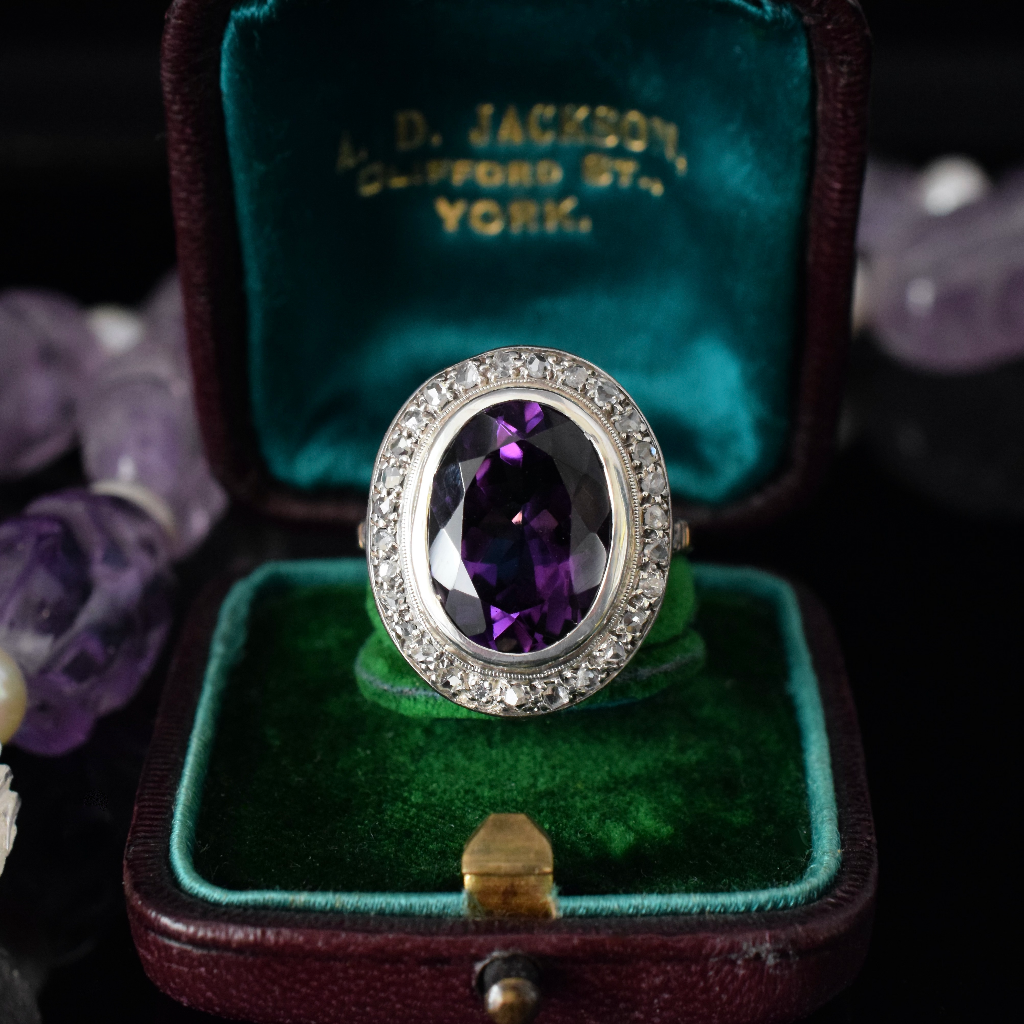 Vintage 18ct Yellow Gold Amethyst Rose Cut Diamond Halo Ring circa 1940 Independent Valuation Included In Purchase For $3,300 AUD