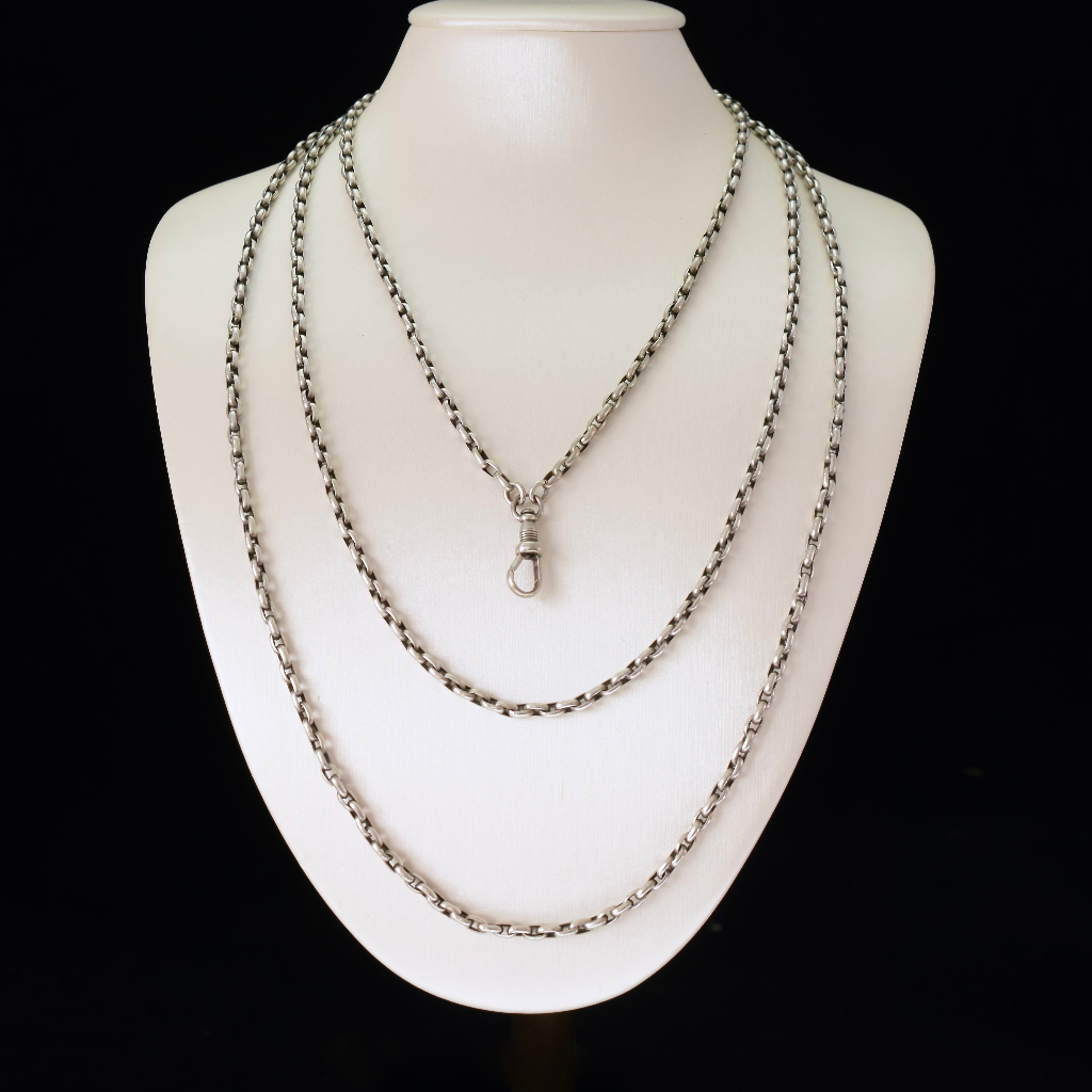 Antique Victorian Sterling Silver Long Guard ‘Muff’ Chain Circa 1880