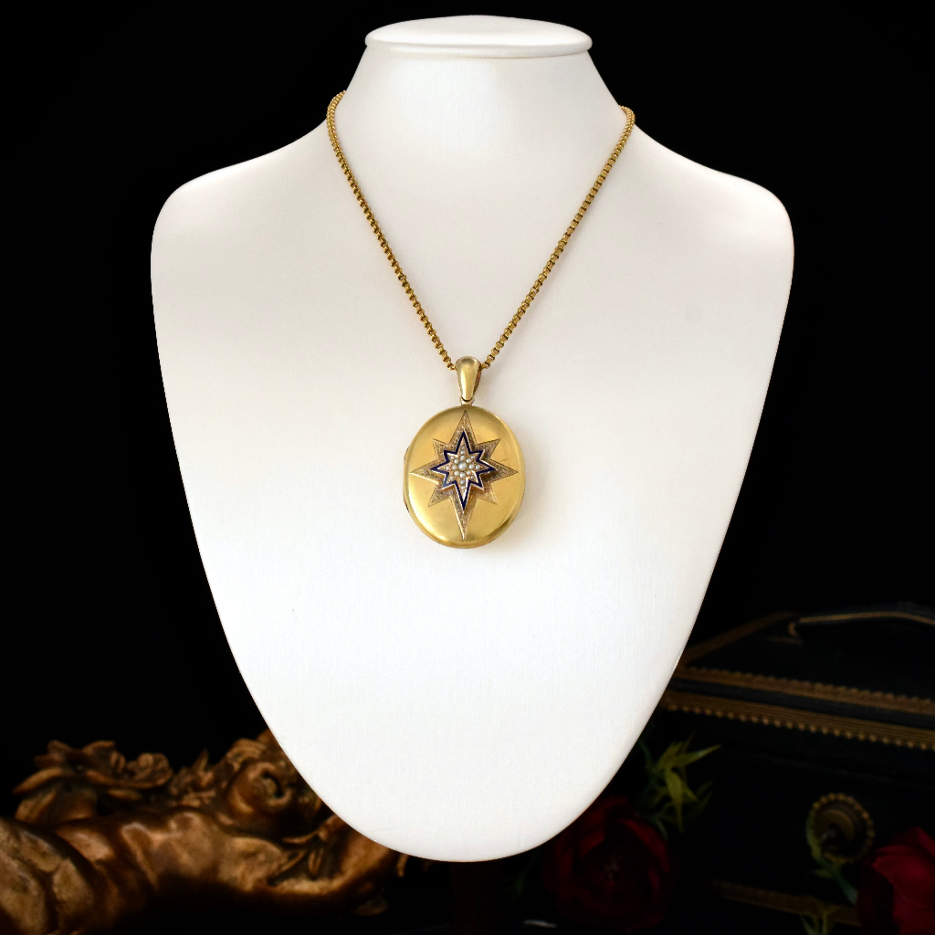 Antique Victorian 18ct Yellow Gold Enamel And Pearl Starburst Locket Circa 1880