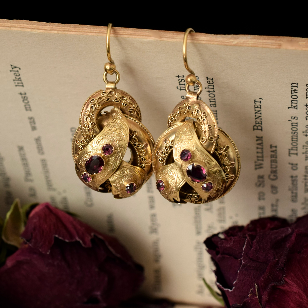 Antique Victorian 18ct Yellow Gold And Garnet Earrings Circa 1870