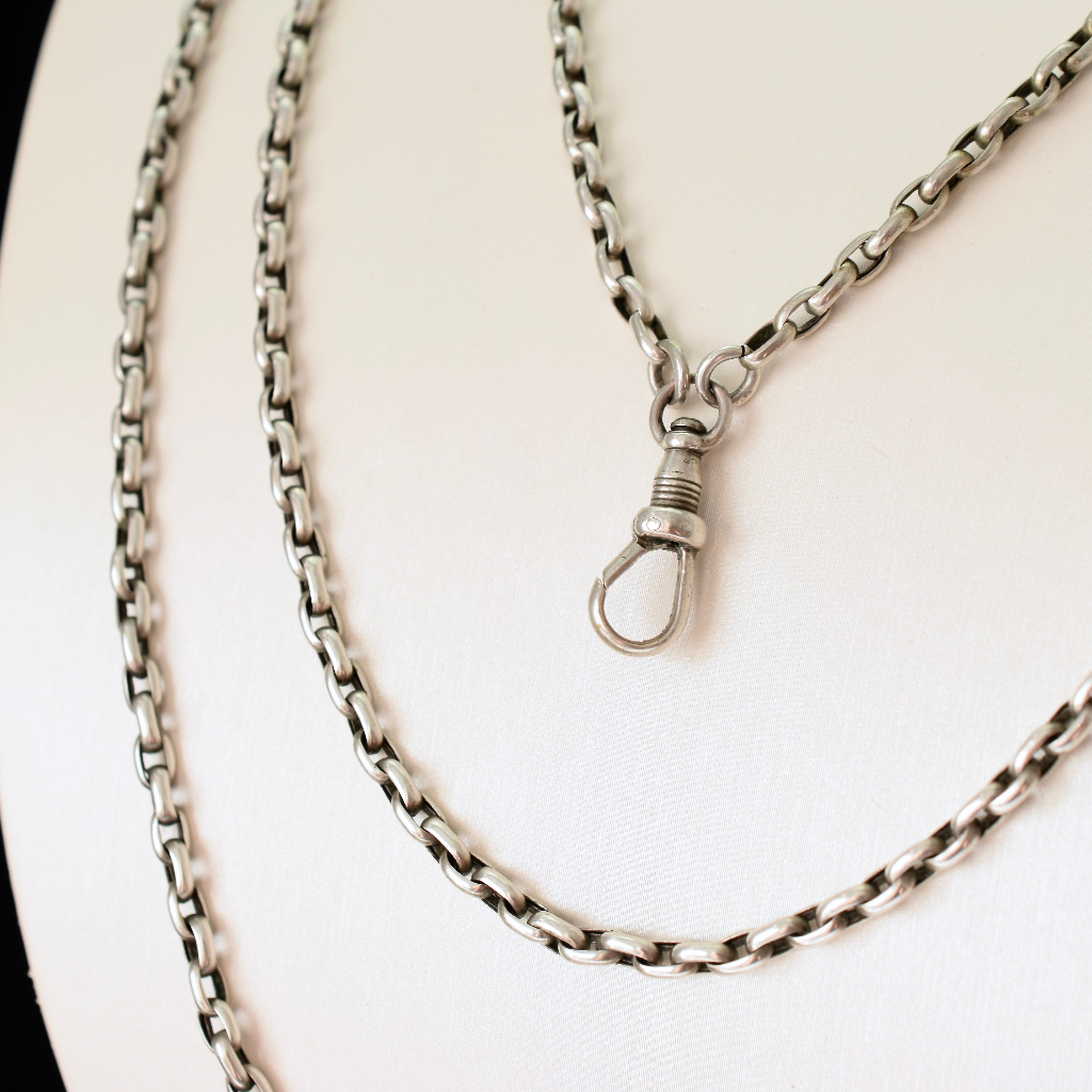 Antique Victorian Sterling Silver Long Guard ‘Muff’ Chain Circa 1880