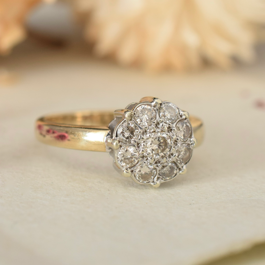 Modern 9ct Yellow Gold Diamond Daisy/Halo Cluster Ring