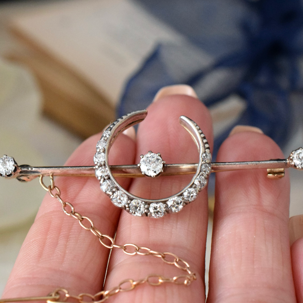 Antique Victorian Diamond Crescent Moon Brooch 15ct Rose Gold And Silver Circa 1890