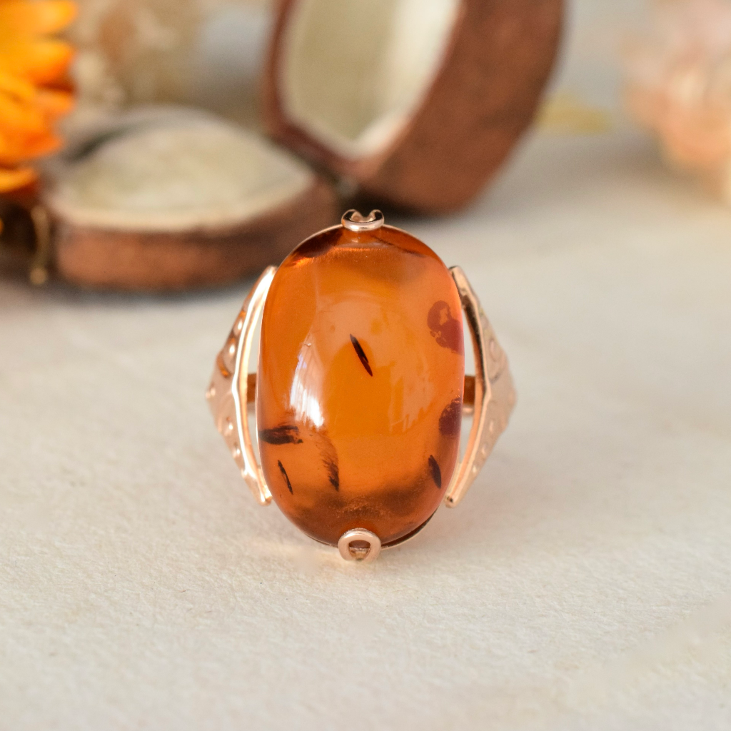 Vintage 14k Soviet Russian Rose/Pink Gold Amber Ring Circa 1970