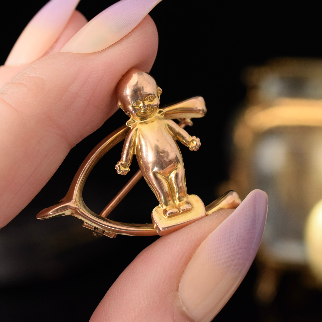 Antique Australian 9ct Rose Gold ‘Kewpie’ Wishbone Brooch By Willis and Sons Circa 1912