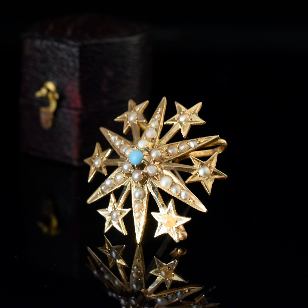 Antique Edwardian 15ct Yellow Gold Turquoise Seed Pearl Starburst Brooch/Pendant