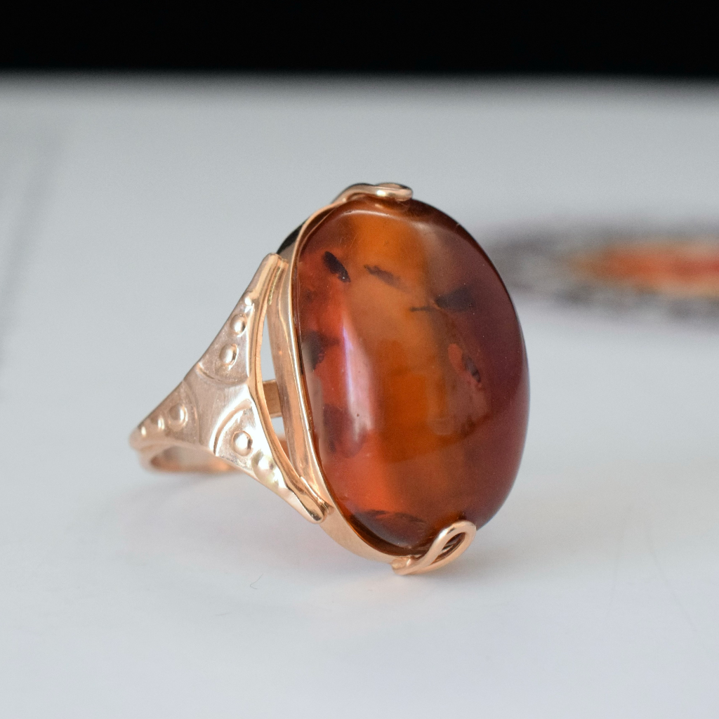 Vintage 14k Soviet Russian Rose/Pink Gold Amber Ring Circa 1970