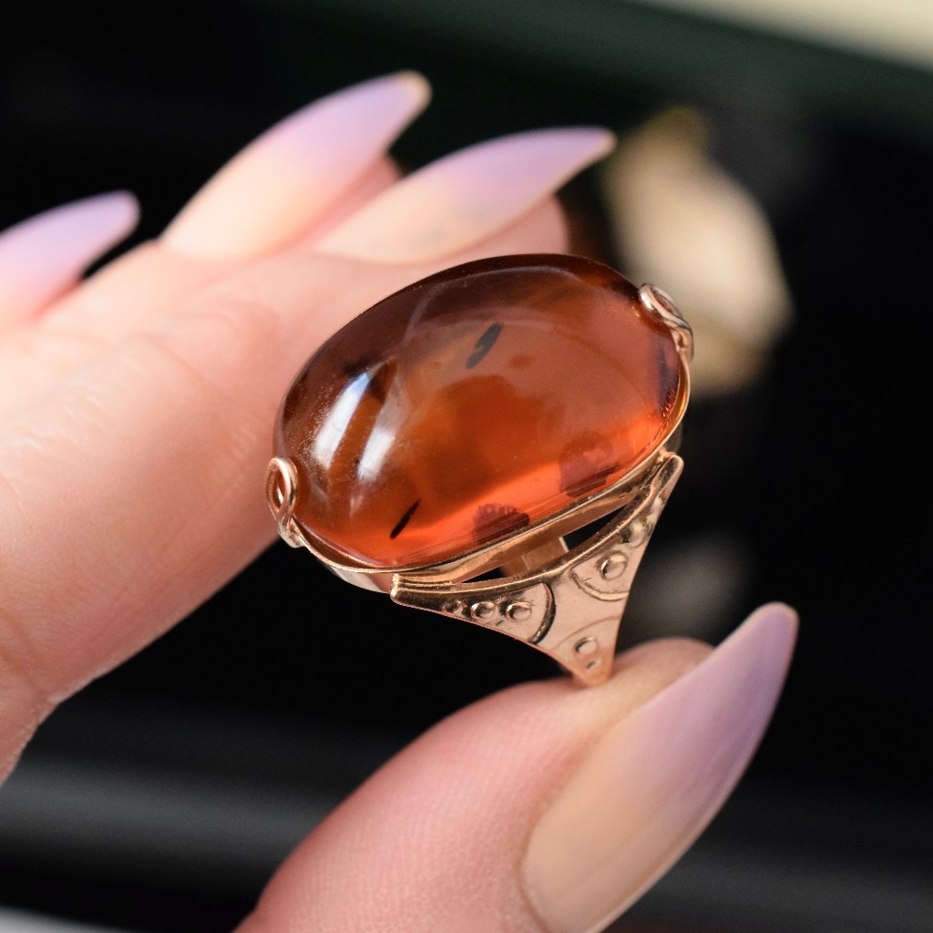 Vintage 14k Soviet Russian Rose/Pink Gold Amber Ring Circa 1970