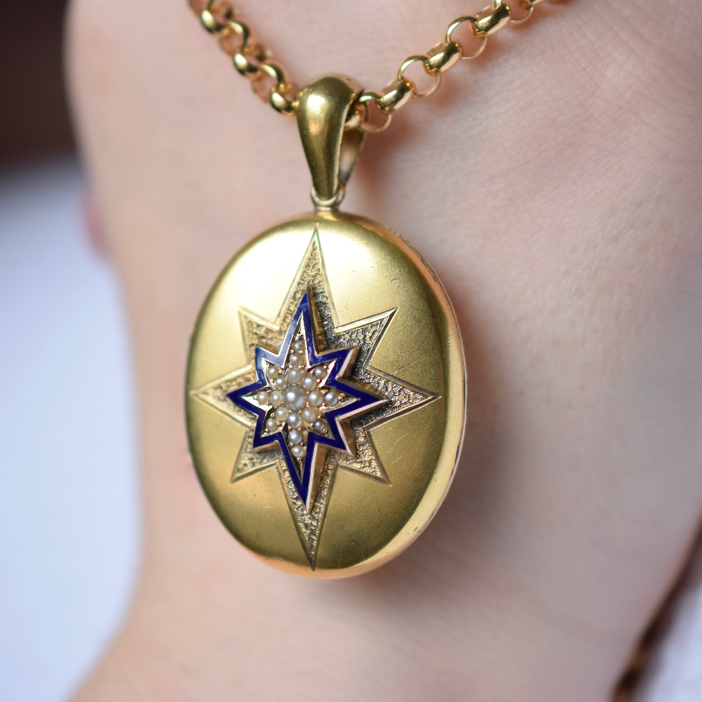 Antique Victorian 18ct Yellow Gold Enamel And Pearl Starburst Locket Circa 1880