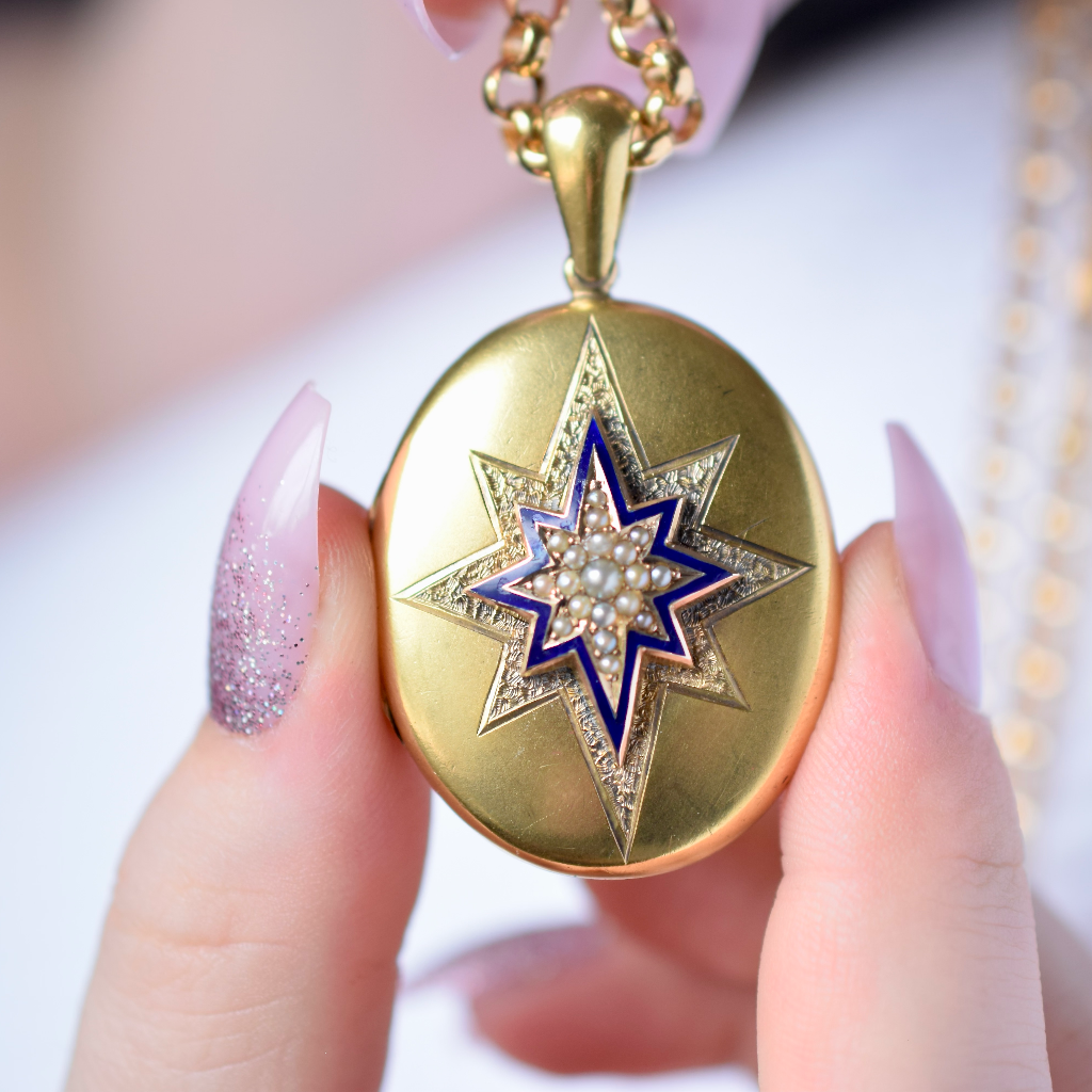 Antique Victorian 18ct Yellow Gold Enamel And Pearl Starburst Locket Circa 1880