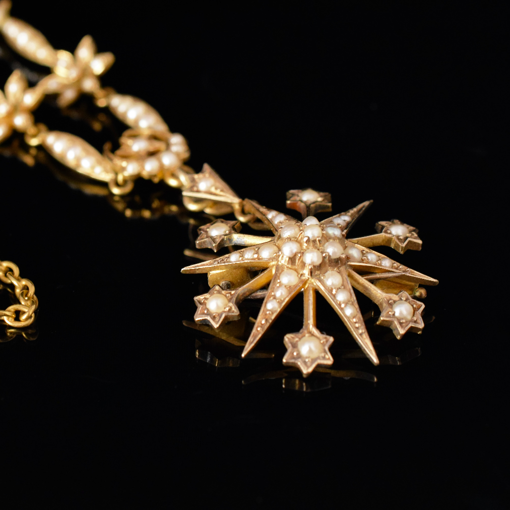 Superb Antique Australian 15ct Yellow Gold Celestial Starburst Pearl Necklace Circa 1905