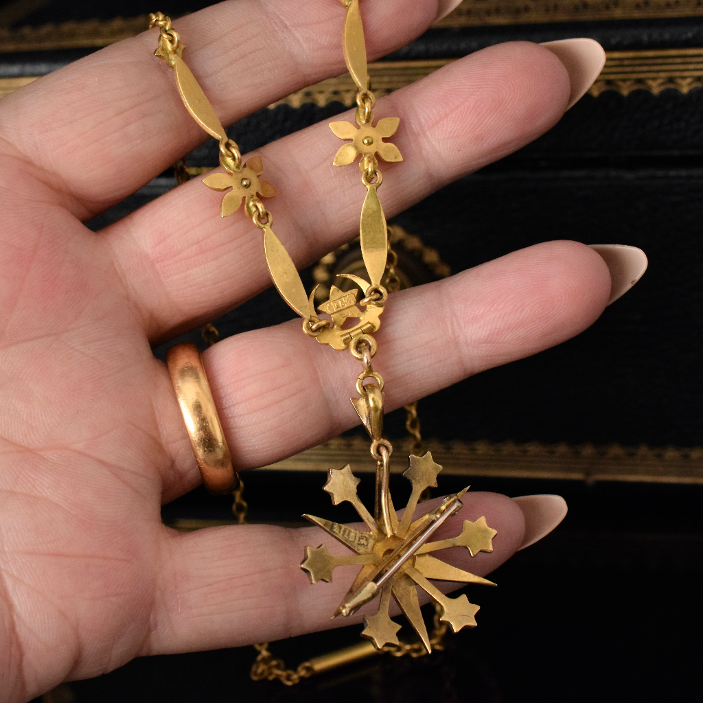 Superb Antique Australian 15ct Yellow Gold Celestial Starburst Pearl Necklace Circa 1905