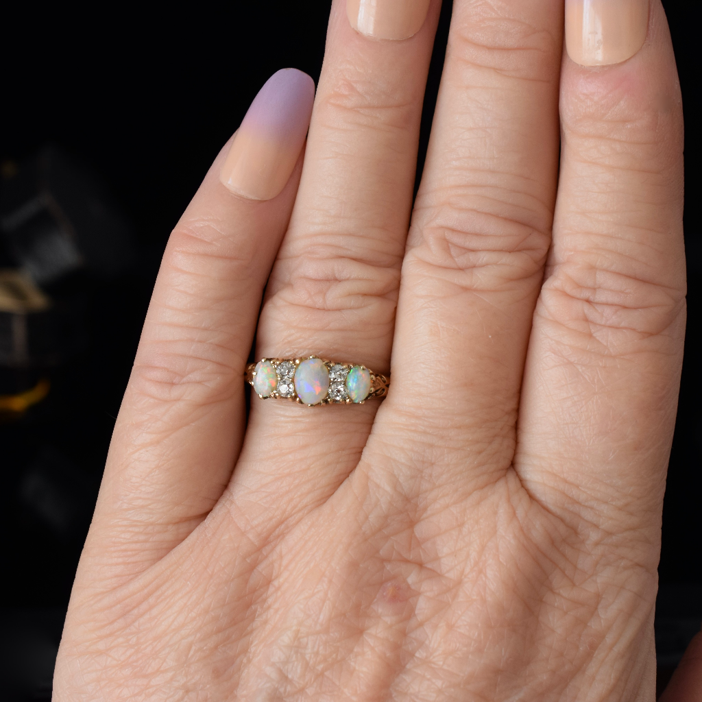 Antique 18ct Yellow Gold Solid Opal And Diamond Ring Circa 1900