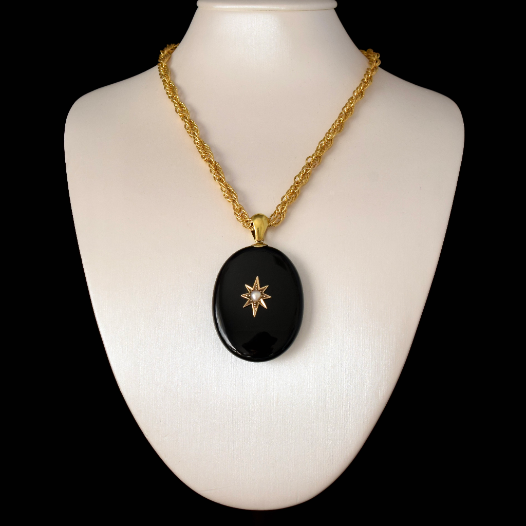 Antique Victorian 18ct Gold Onyx And Pearl Locket Pendant Circa 1880