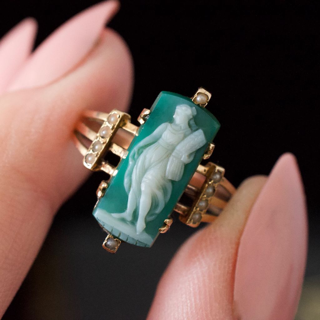Antique Victorian French 18ct Rose Gold Agate Cameo Ring Circa 1880