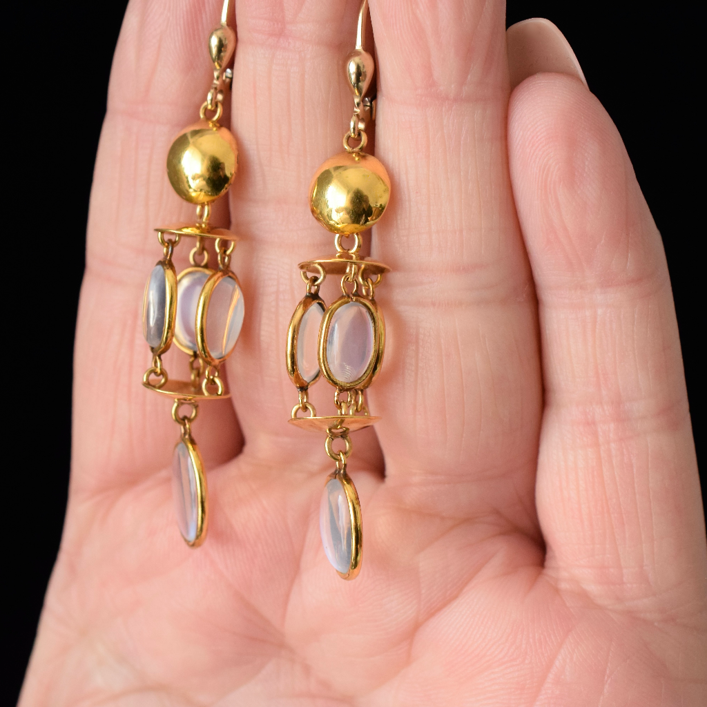Vintage 9ct Yellow Gold Ceylon Moonstone Chandelier Earrings