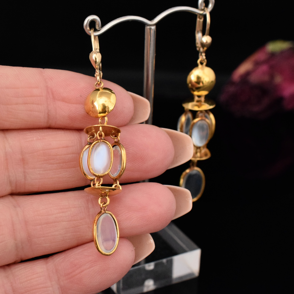 Vintage 9ct Yellow Gold Ceylon Moonstone Chandelier Earrings