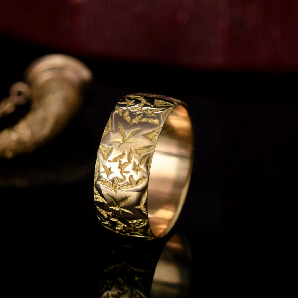 Antique Edwardian 18ct Yellow Gold Floral Wedding Band Chester 1908