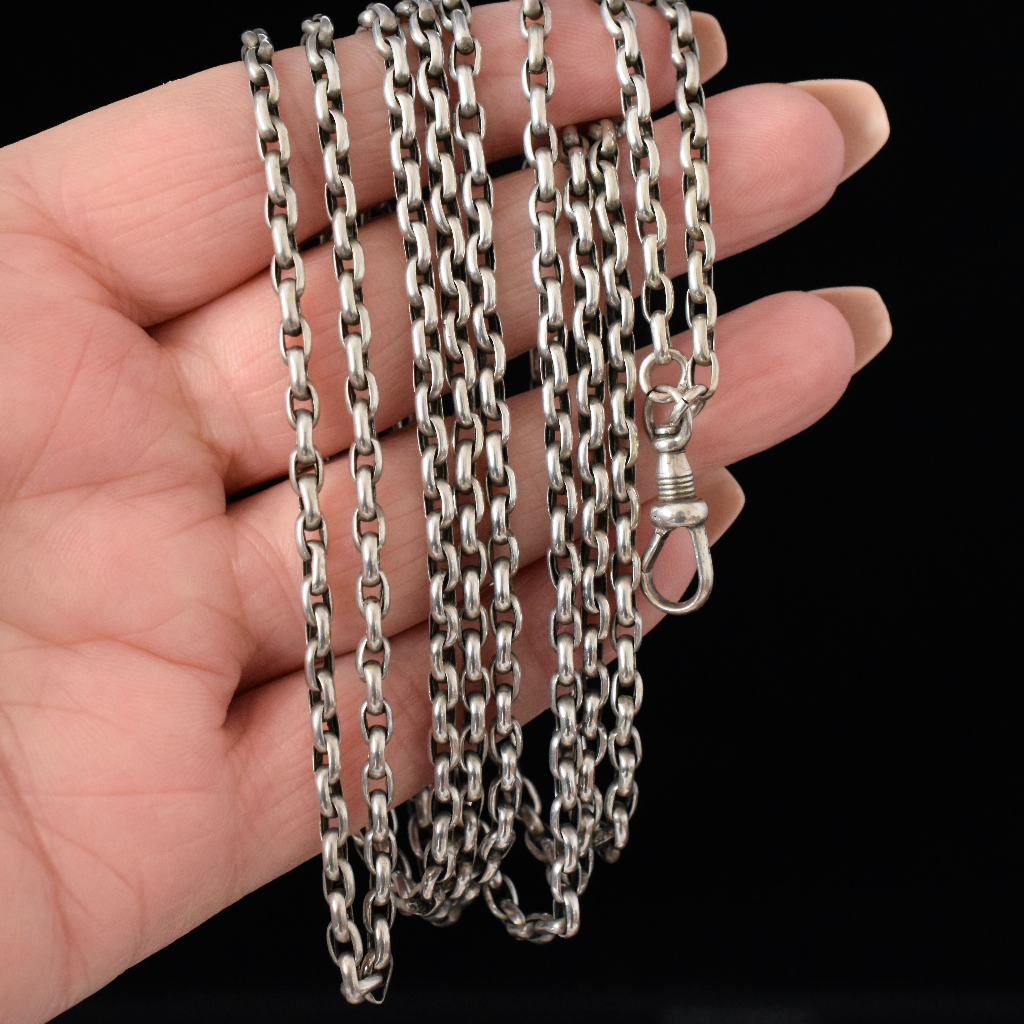 Antique Victorian Sterling Silver Long Guard ‘Muff’ Chain Circa 1880