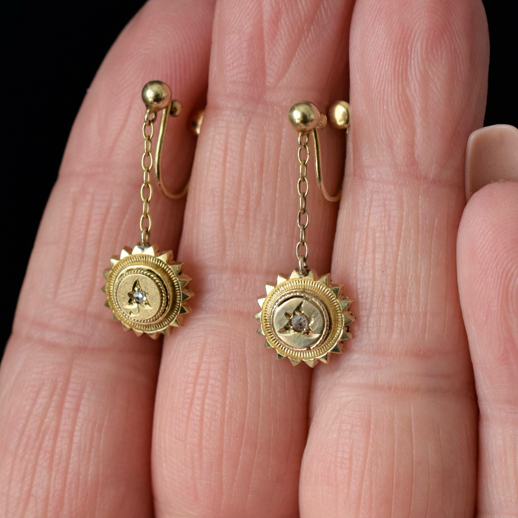 Antique 9ct Yellow Gold Diamond Screw Back Earrings Circa 1900