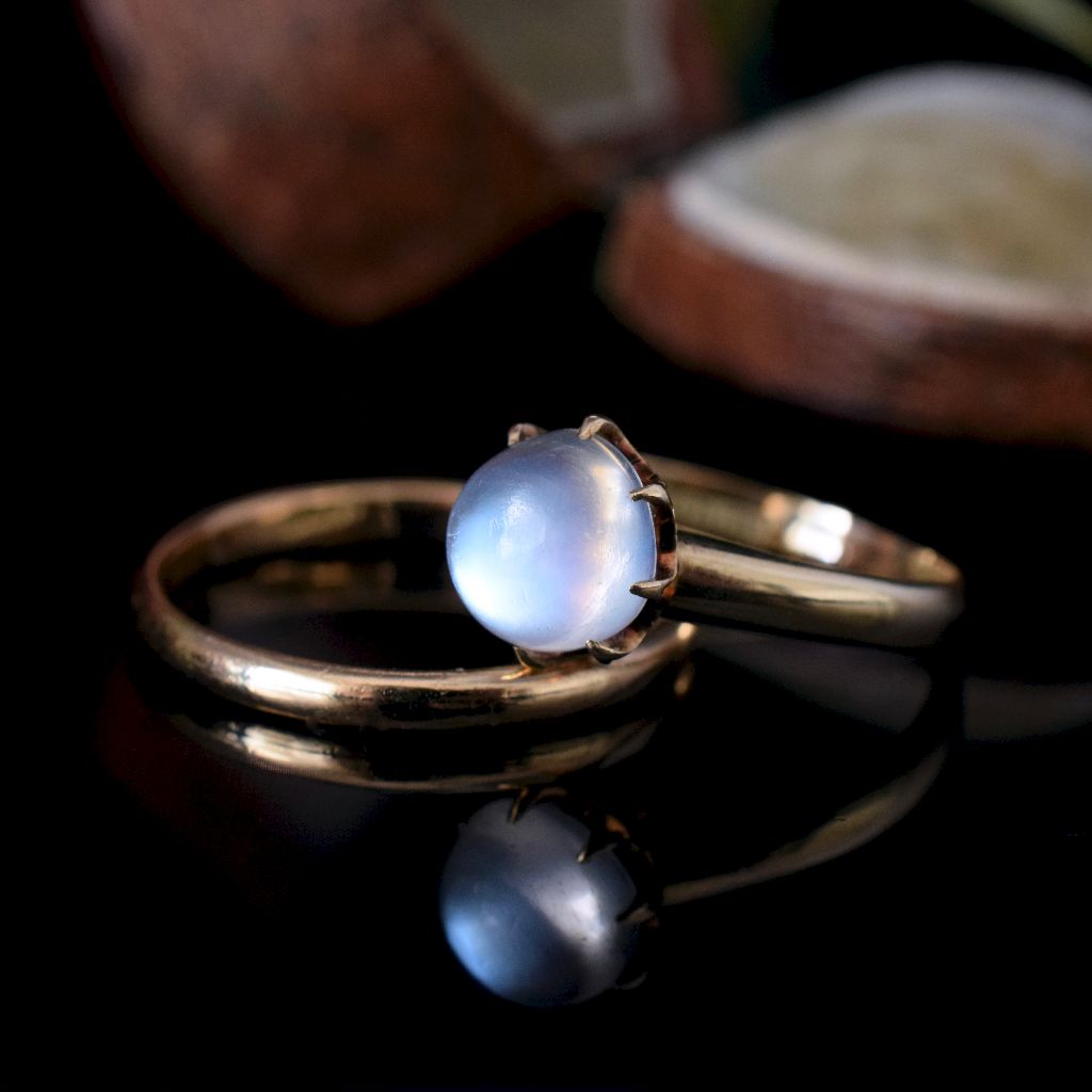 Antique Art Deco Australian 15ct Yellow Gold Moonstone Ring by Louis Cadby Circa 1915