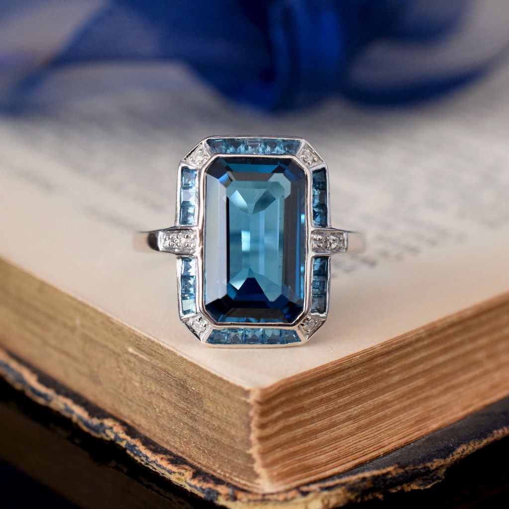Modern 9ct White Gold Art Deco Style London Blue Topaz And Diamond Ring