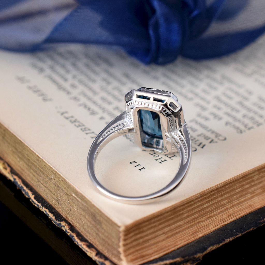 Modern 9ct White Gold Art Deco Style London Blue Topaz And Diamond Ring