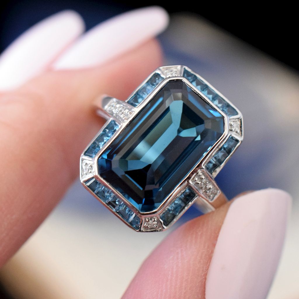 Modern 9ct White Gold Art Deco Style London Blue Topaz And Diamond Ring