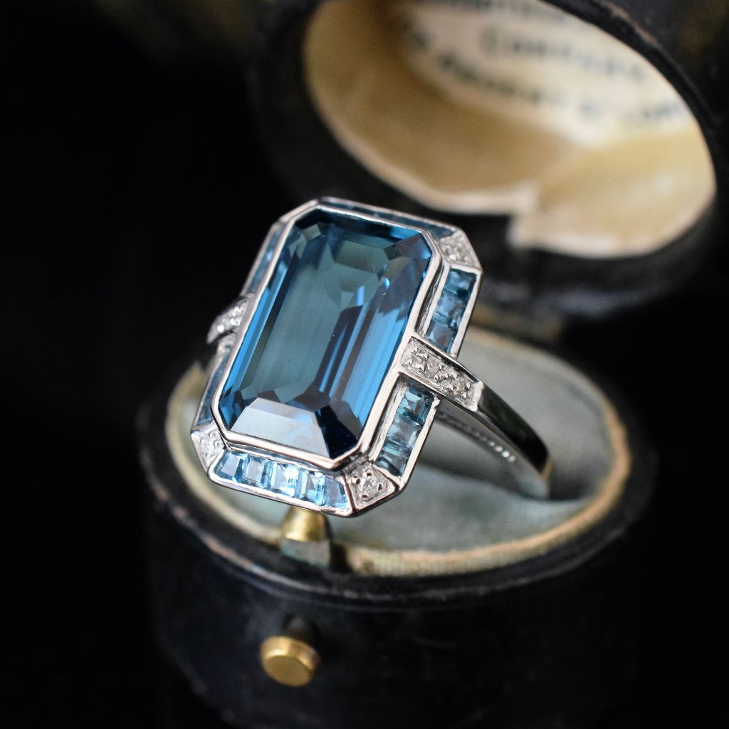 Modern 9ct White Gold Art Deco Style London Blue Topaz And Diamond Ring