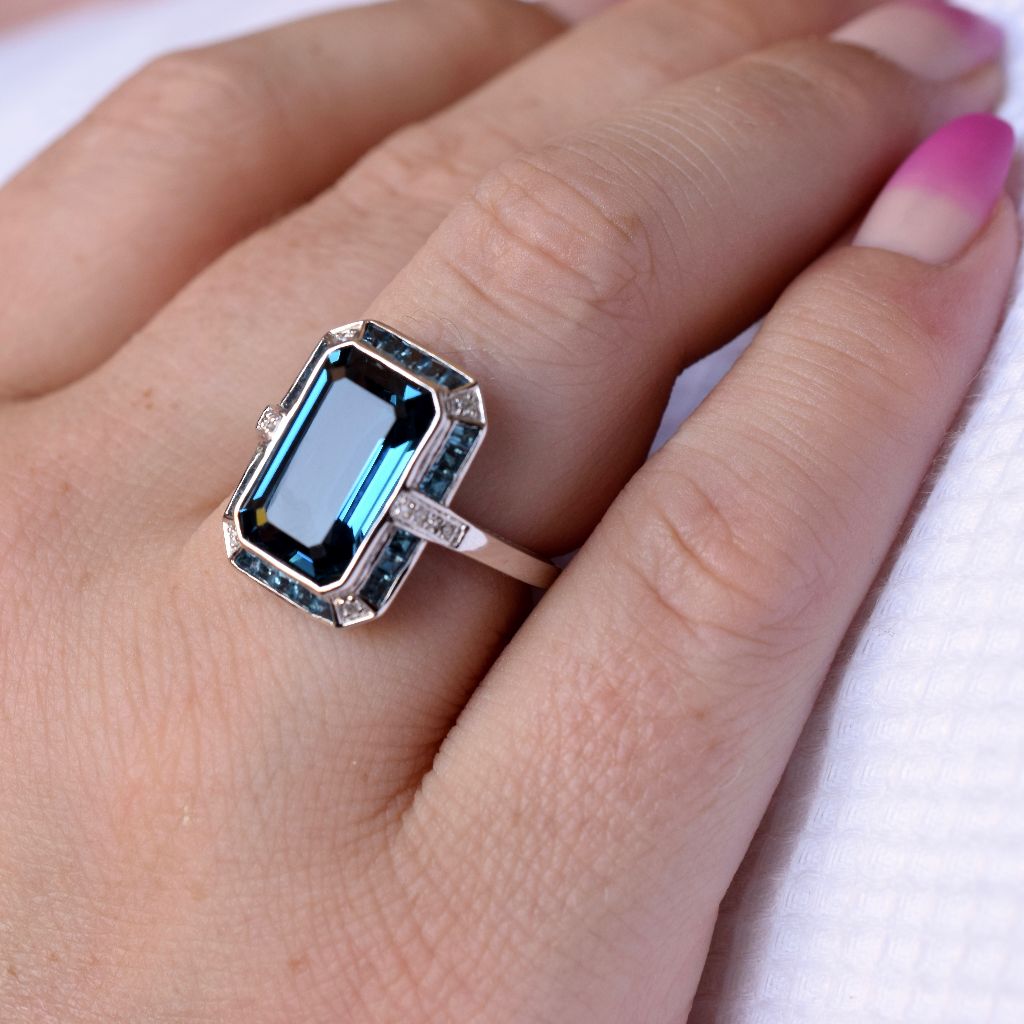 Modern 9ct White Gold Art Deco Style London Blue Topaz And Diamond Ring