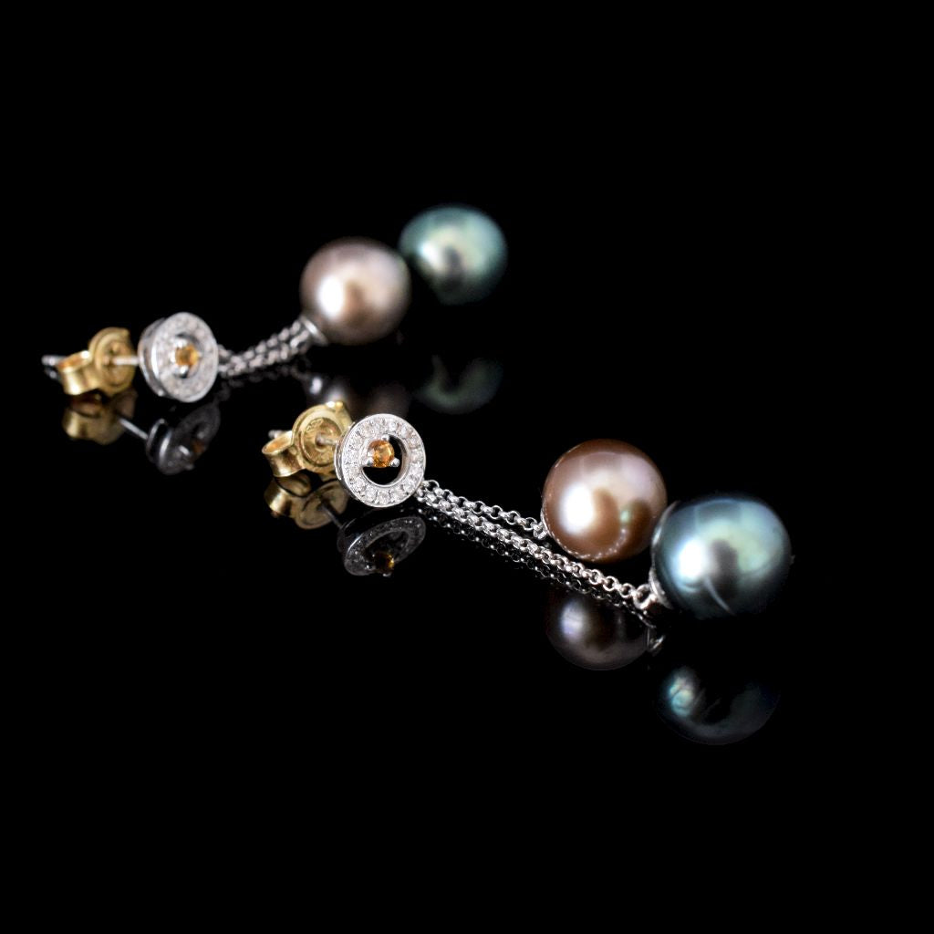 Modern 18ct White Gold Tahitian Pearl Diamond Citrine Earrings