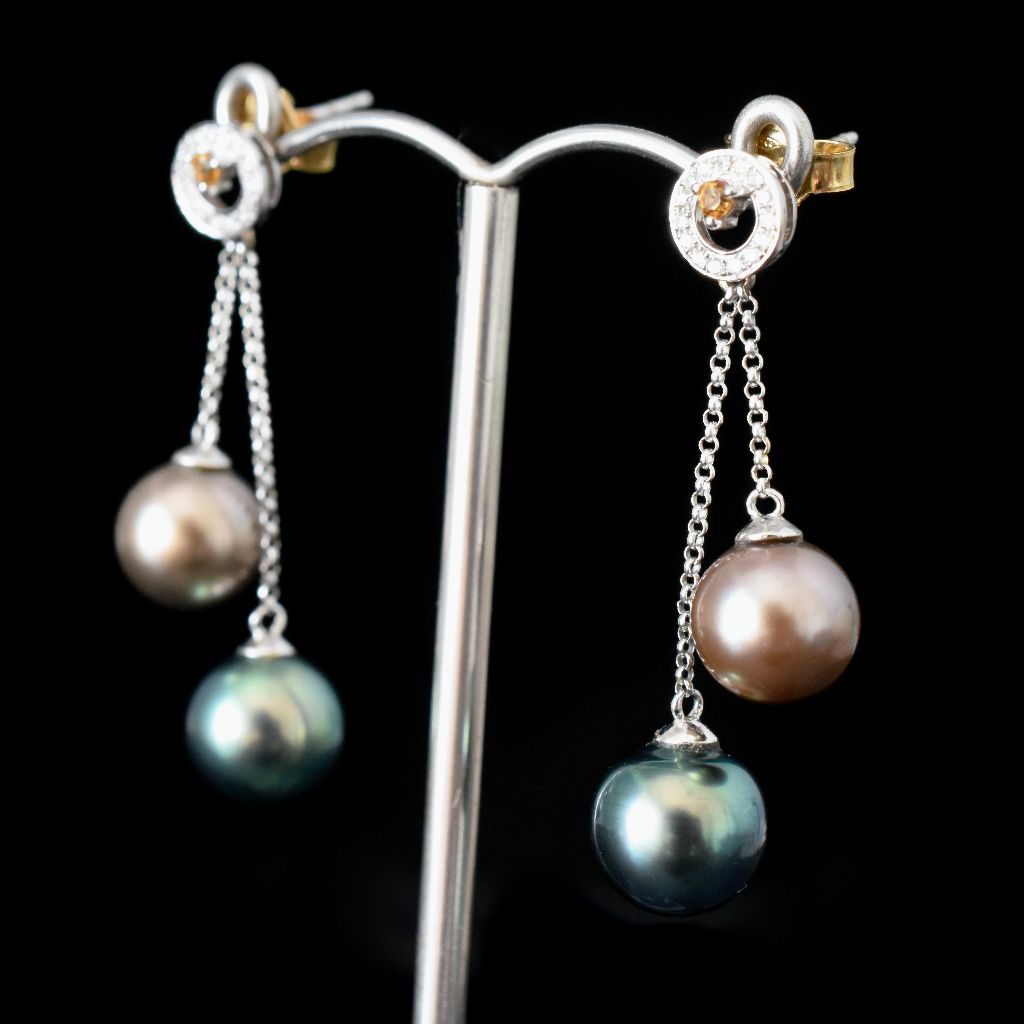 Modern 18ct White Gold Tahitian Pearl Diamond Citrine Earrings