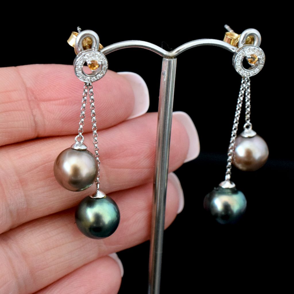 Modern 18ct White Gold Tahitian Pearl Diamond Citrine Earrings