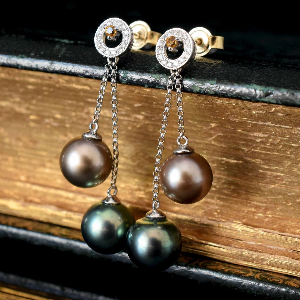 Modern 18ct White Gold Tahitian Pearl Diamond Citrine Earrings
