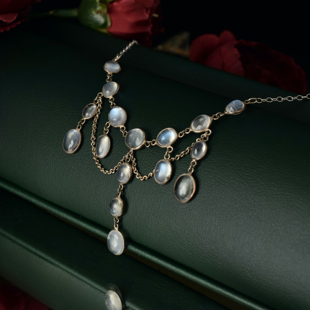 Antique Edwardian Silver And Moonstone Festoon Necklace