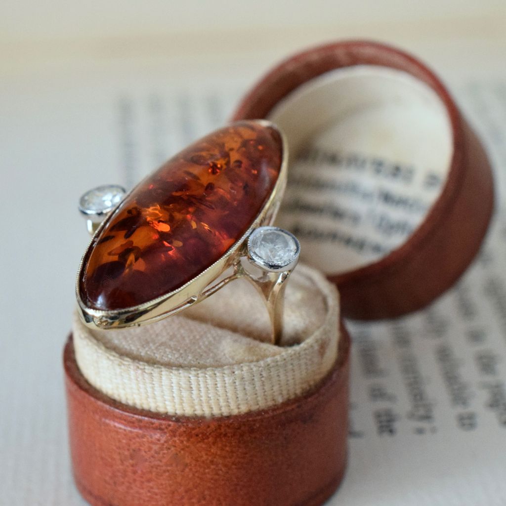 Modern 9ct Yellow Gold Amber And Diamond Ring