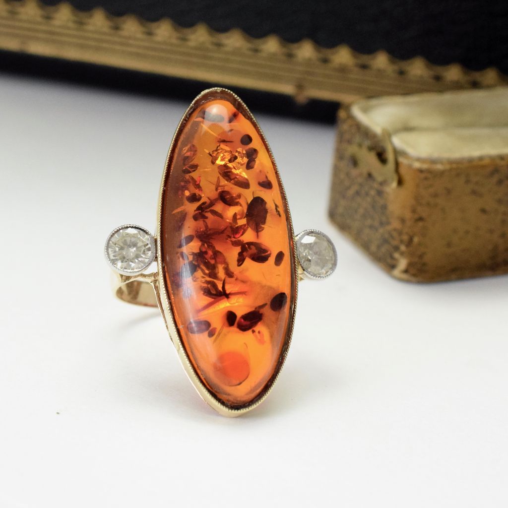 Modern 9ct Yellow Gold Amber And Diamond Ring