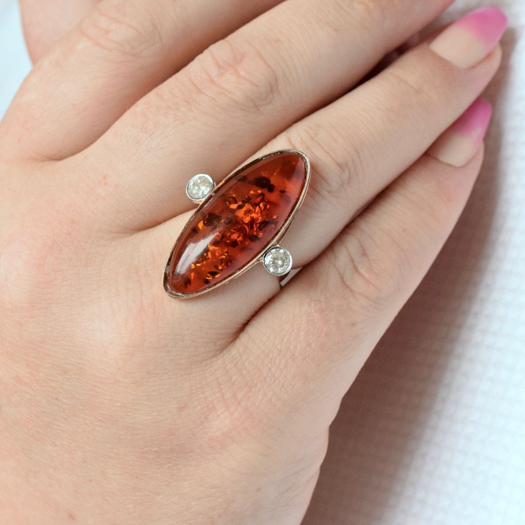 Modern 9ct Yellow Gold Amber And Diamond Ring