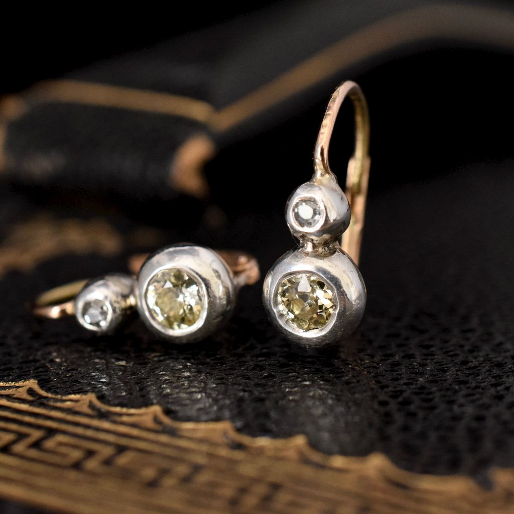Antique Austro-Hungarian 14ct Yellow Gold / Silver Old Mine Cut Diamond Dormeuse Earrings Circa 1880