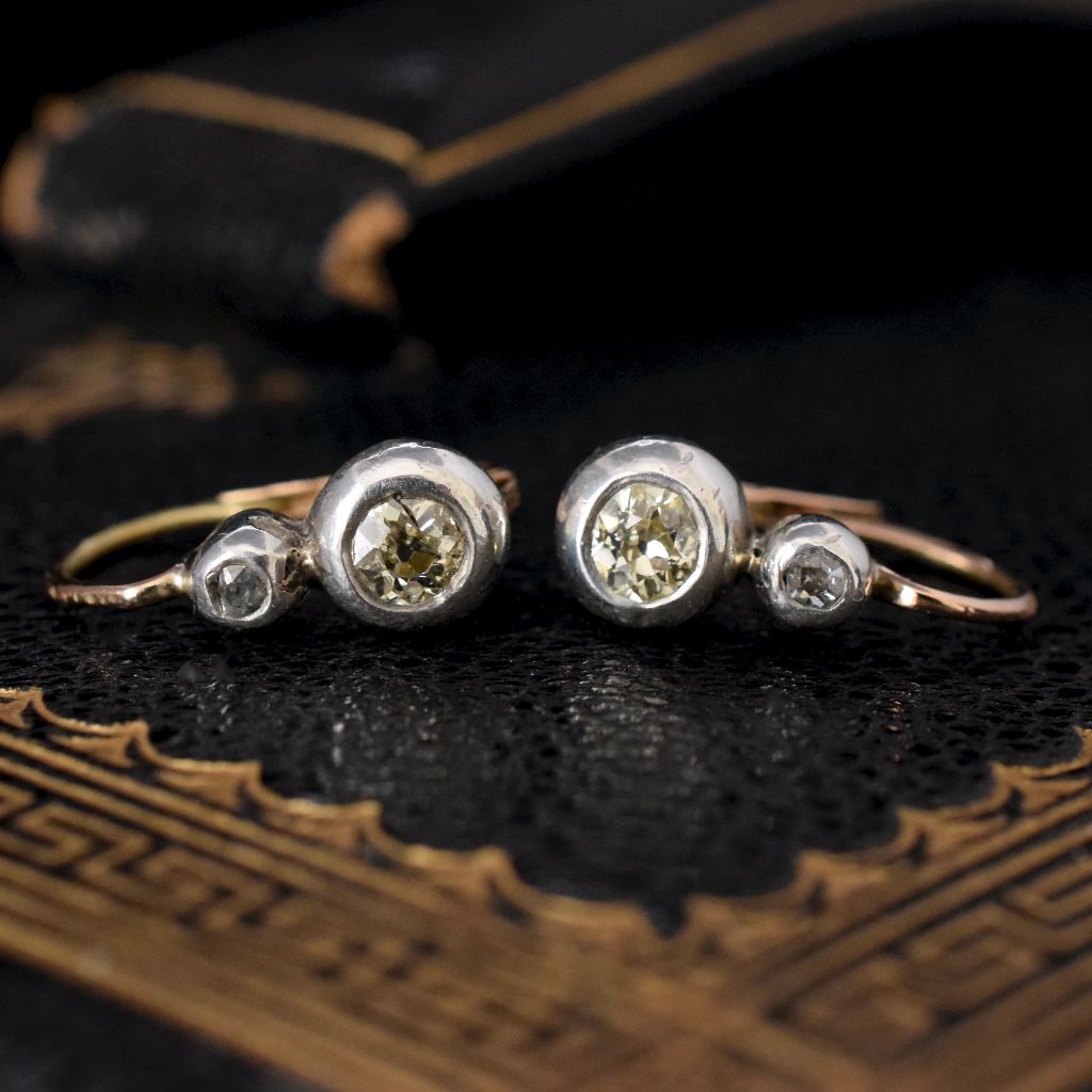 Antique Austro-Hungarian 14ct Yellow Gold / Silver Old Mine Cut Diamond Dormeuse Earrings Circa 1880