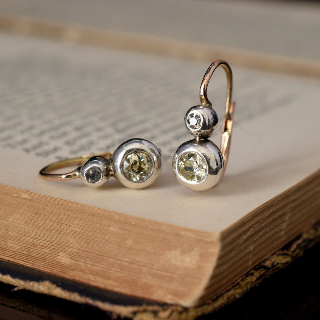 Antique Austro-Hungarian 14ct Yellow Gold / Silver Old Mine Cut Diamond Dormeuse Earrings Circa 1880