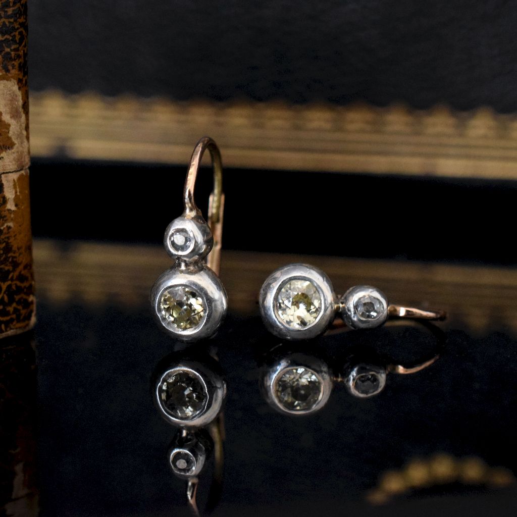 Antique Austro-Hungarian 14ct Yellow Gold / Silver Old Mine Cut Diamond Dormeuse Earrings Circa 1880