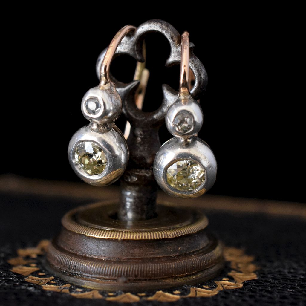 Antique Austro-Hungarian 14ct Yellow Gold / Silver Old Mine Cut Diamond Dormeuse Earrings Circa 1880