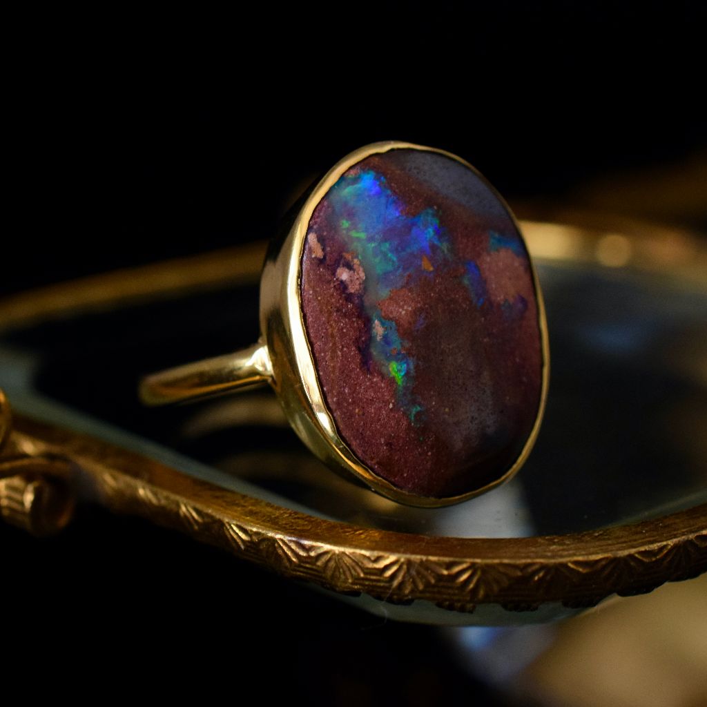 Striking Large 9k Yellow Gold Matrix Boulder Opal Ring
