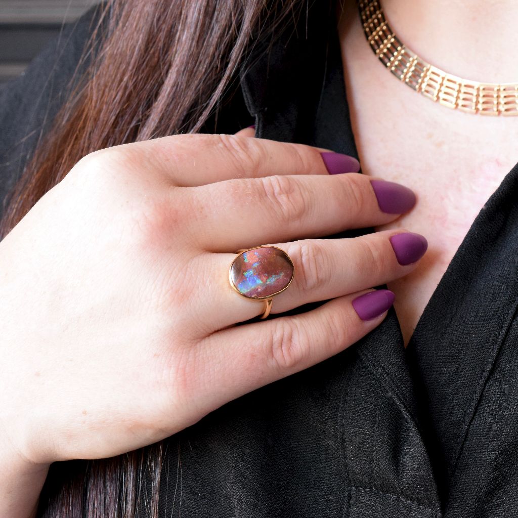 Striking Large 9k Yellow Gold Matrix Boulder Opal Ring