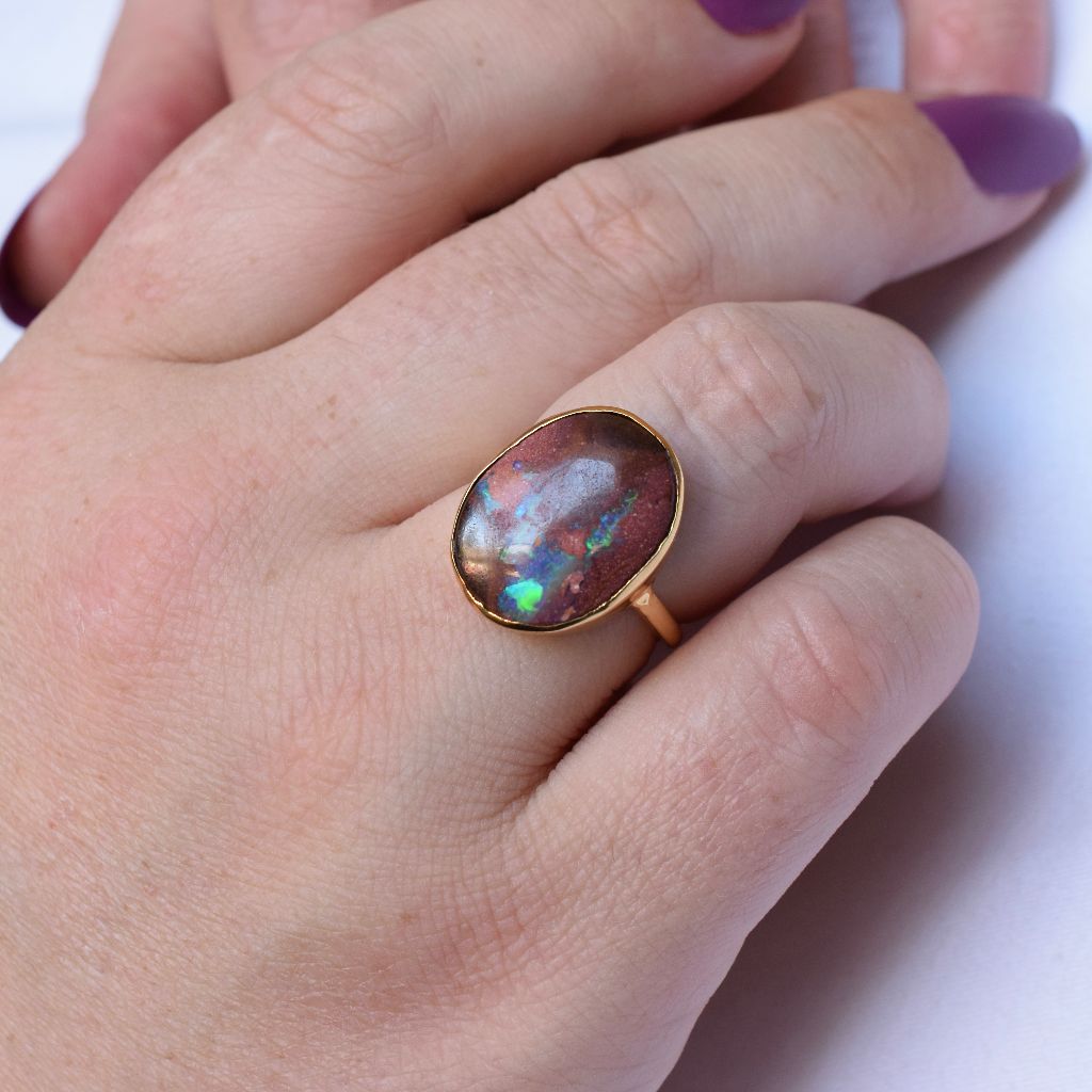 Striking Large 9k Yellow Gold Matrix Boulder Opal Ring