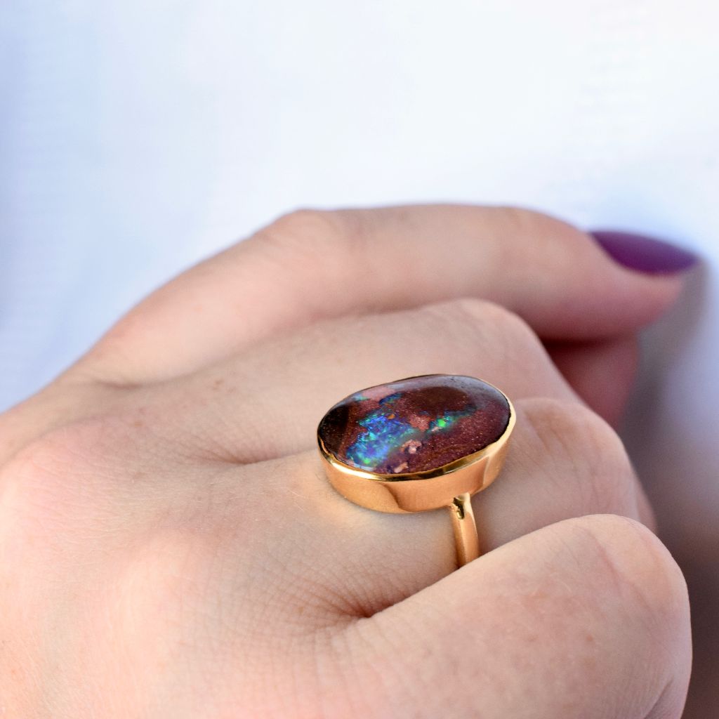 Striking Large 9k Yellow Gold Matrix Boulder Opal Ring