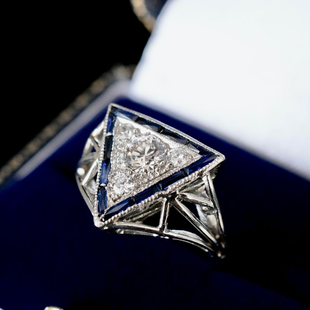 Superb Antique Art Deco 14ct White Gold Diamond Sapphire Ring Circa 1925