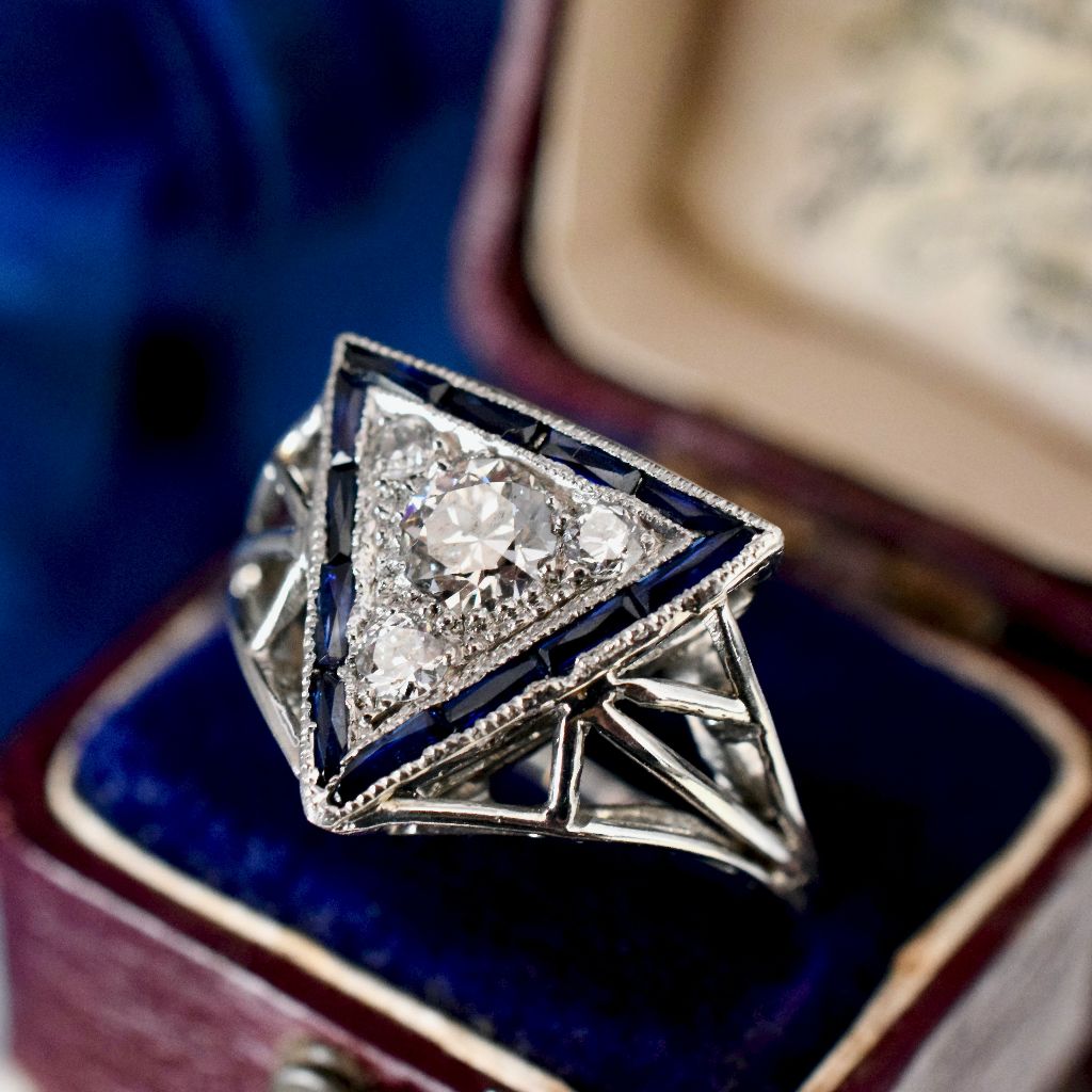 Superb Antique Art Deco 14ct White Gold Diamond Sapphire Ring Circa 1925